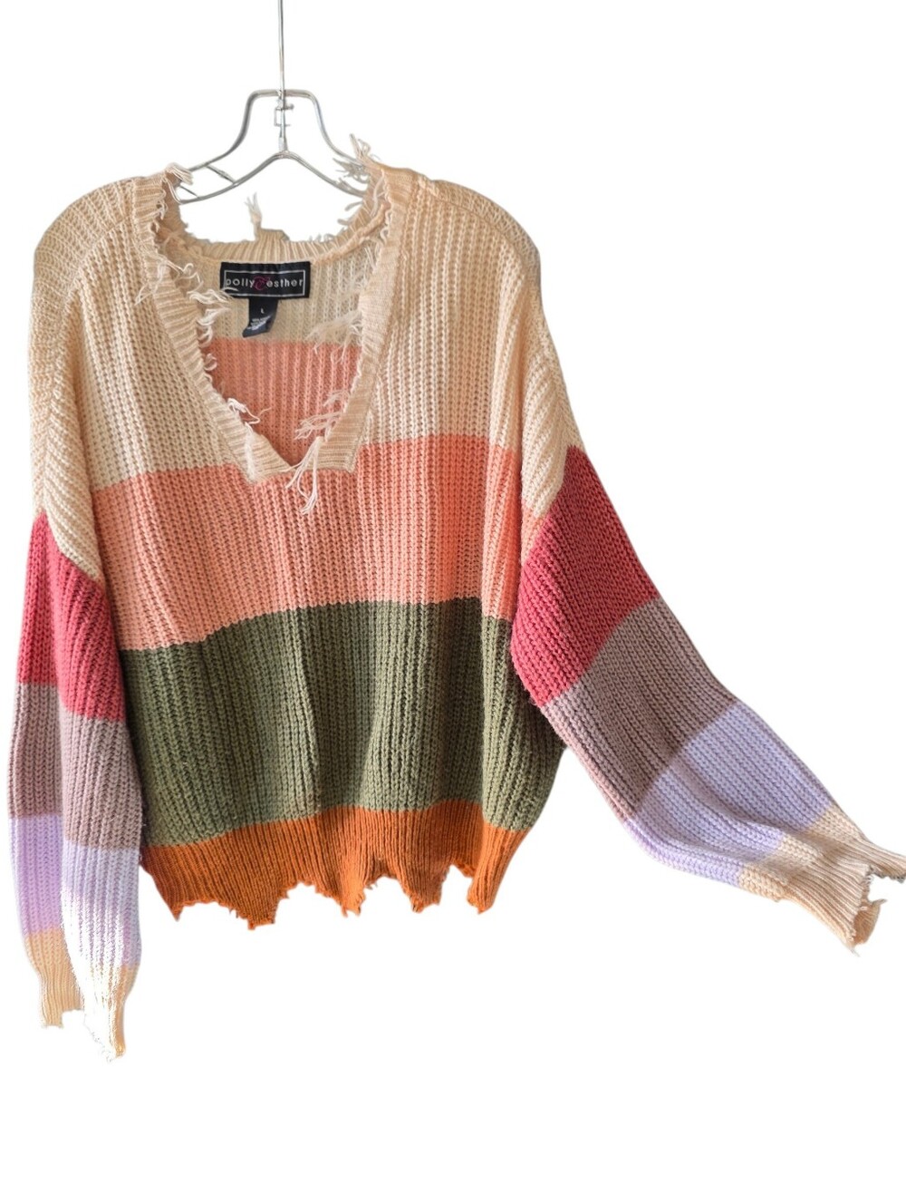 Polly & Esther Multicolored Striped V-Neck Sweater Distressed/Frayed Size Large